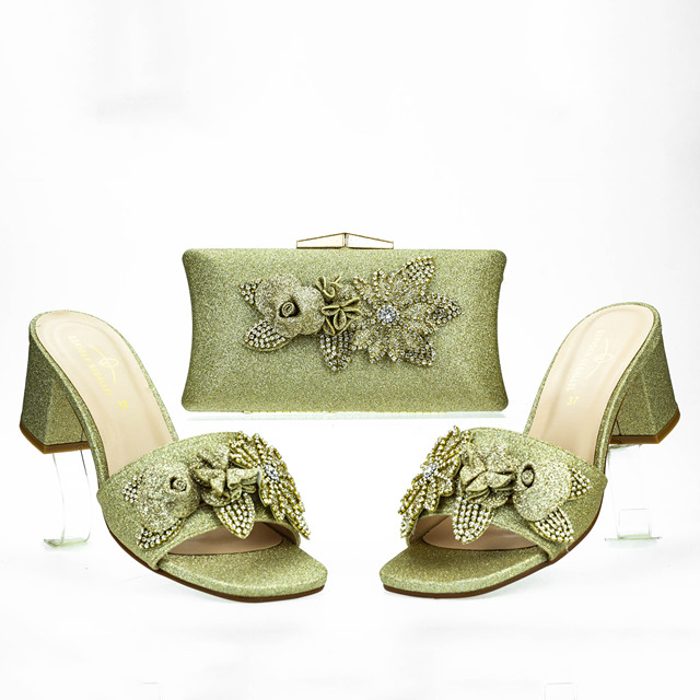 Wysokie obcasy luksusowej kolekcji: buty i torebka 573-3, łączące kwiatowy złoty motyw nigeryjskiego ślubu w zestawie - Wianko - 4