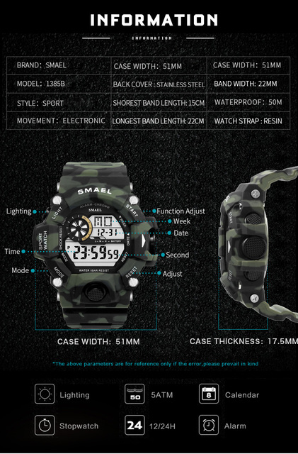 Zegarek męski Smael - wodoodporny, wielofunkcyjny, Casual LED, cyfrowy, wojskowy - Wianko - 4
