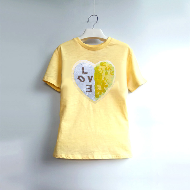 Dziewczęca koszulka dziecięca z cekinowym wzorem serca, krótki rękaw, letni top z wykrojem O-neck - Wianko - 4
