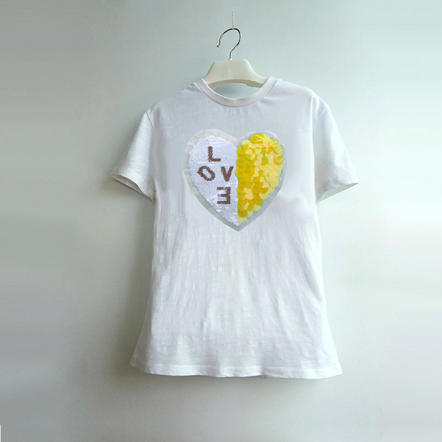 Dziewczęca koszulka dziecięca z cekinowym wzorem serca, krótki rękaw, letni top z wykrojem O-neck - Wianko - 5