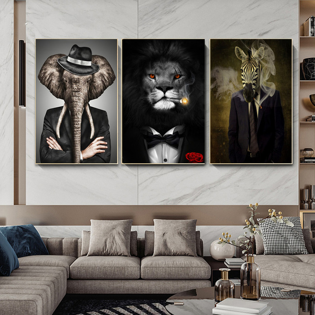Abstrakcyjne zwierzęta - plakaty i druki - lew, słoń, zebra, jeleni głowa - obraz ścienny na płótnie - dekoracja do salonu - Wianko - 2