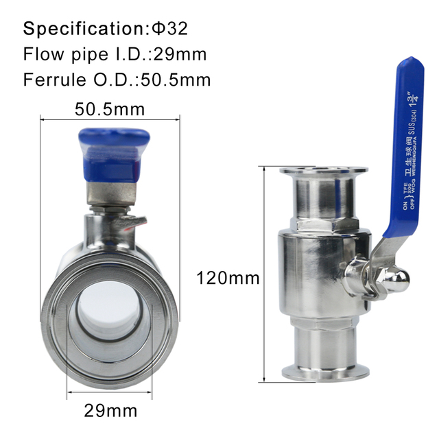 Zawór kulowy sanitarny 304 ze stali nierdzewnej - 3/4'' 19/25/32/38/42/45/51mm, trzy zaciski, 50.5/64mm typ Ferrule, do Homebrew Diary - Wianko - 3