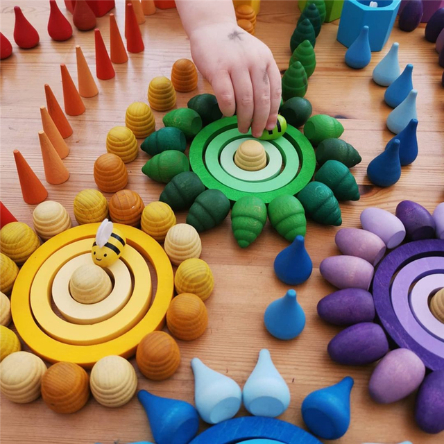 24 sztuki drewnianych klocków edukacyjnych Montessori dla dzieci Rainbow z kołem do układania - Wianko - 6