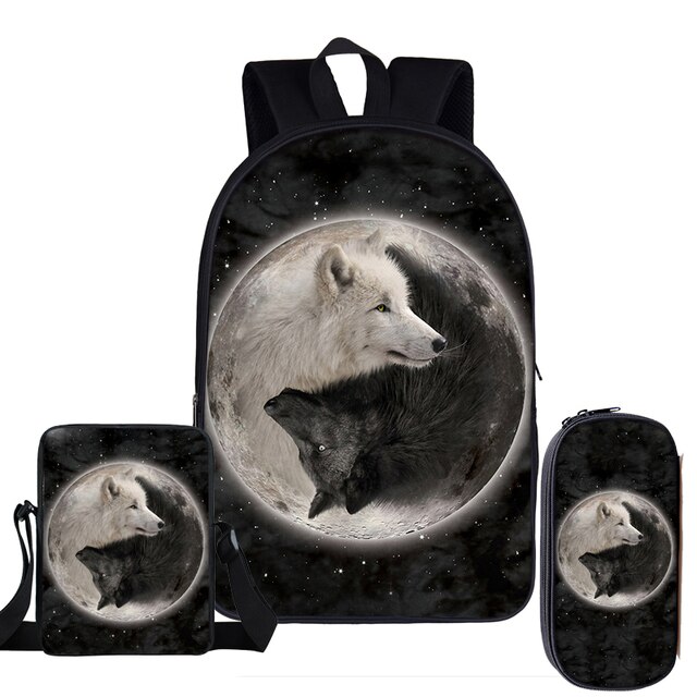 Plecak szkolny Cool Moon and Howling Wolf dla nastolatków - zestaw 3 sztuki 2021 z torbą na książki - Wianko - 7