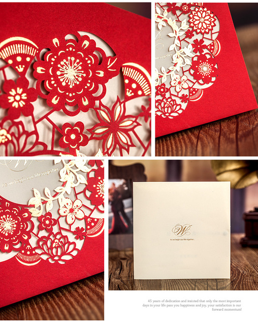 Zestaw luksusowych czerwonych zaproszeń ślubnych z wycinaną koronką i kopertą - Flora - Wianko - 3