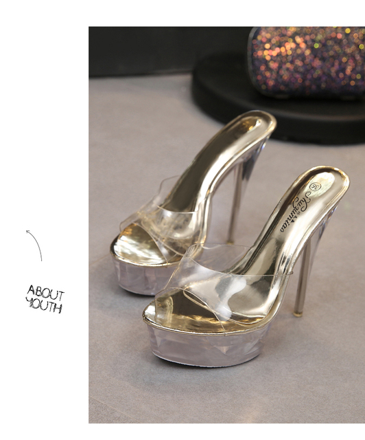 Buty damskie z przezroczystą, wodoszczelną rurką, sandały na wysokim obcasie 15cm z kryształkami i wygodną podeszwą - Wianko - 19