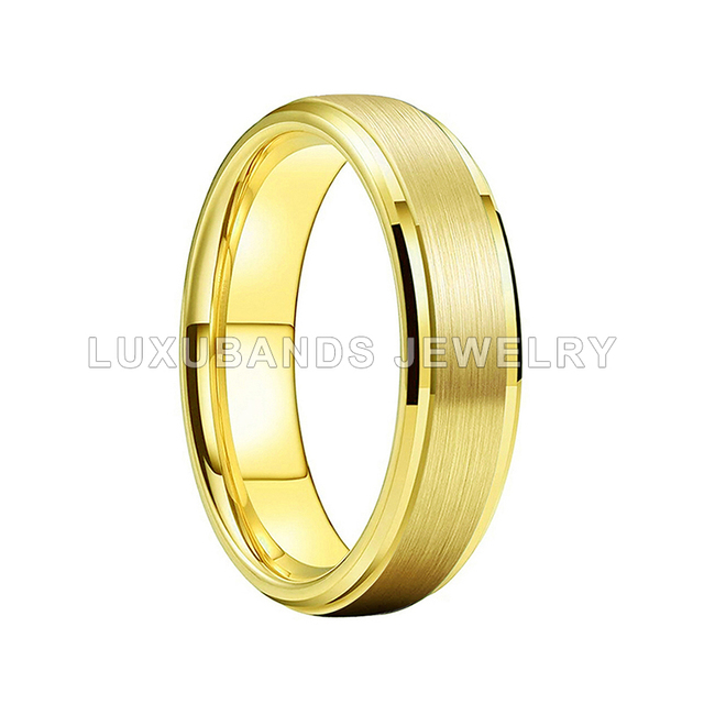 Pierścienie ślubne ze stali wolframowej dla Pań 6MM, złoto, węglikiem z wykończeniem szczotkowanym, komfortowe dopasowanie, skośne krawędzie - Wianko - 1