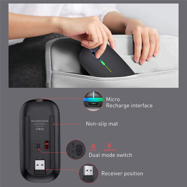 Mysz bezprzewodowa Bluetooth Silent Mause na akumulator, ergonomiczna, mini, optyczna USB, do PC, laptopa i desktopu - Wianko - 7