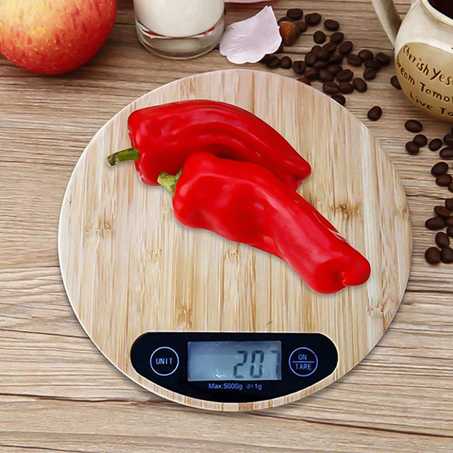 Elektroniczna waga kuchenna z wyświetlaczem LCD, waga do żywności - 1g/5KG/10KG, ABS/tablica bambusowa - Wianko - 1