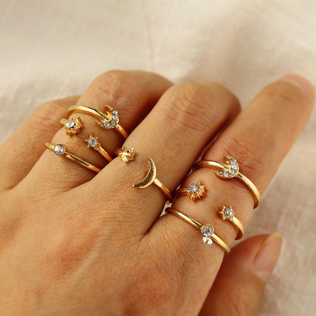 Artystyczne złote pierścienie z motywem księżyca i gwiazd dla kobiet - Moda Boho - Zestaw pierścieni kryształowych w kształcie węży - Trendowa biżuteria na przyjęcia - Prezent 2021 - Wianko - 6