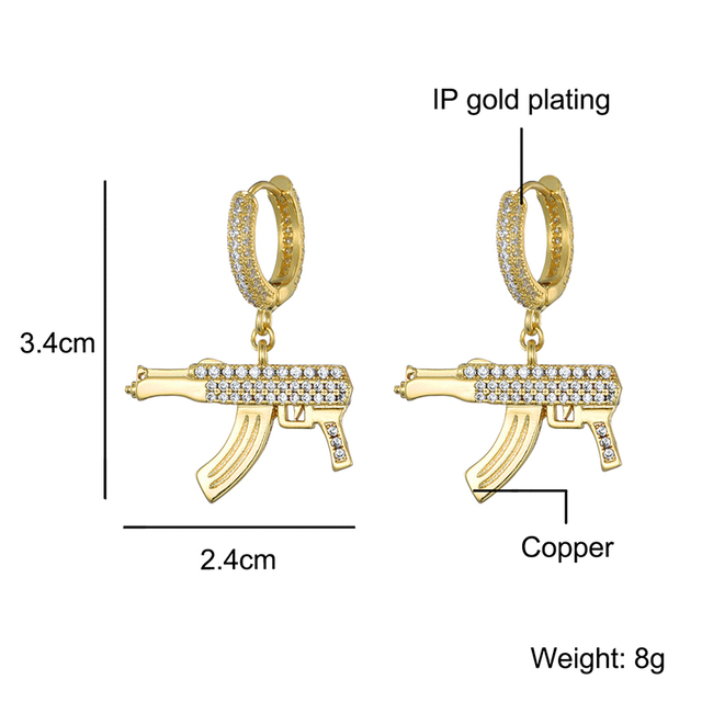 Kolczyki wiszące Hip Hop AK47 Gun, złoty kolor, cyrkonie, kamienie Bling CZ dla mężczyzn - Wianko - 17