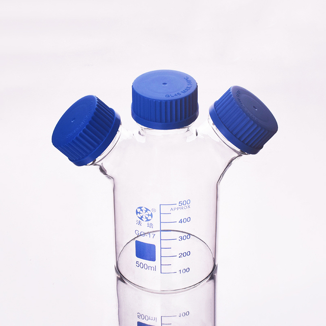 Butelka laboratoryjna FAPEI 500ml, szkło borokrzemianowe, GL45mm, 3 niebieskie osłony śrubowe - Wianko - 1