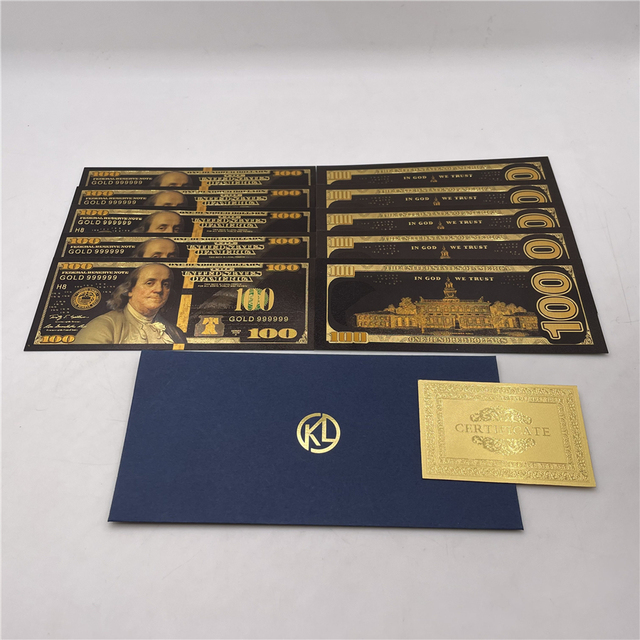 Złote banknoty 24k pozłacane, 10 sztuk/partia, 500 dolarów amerykańskich, plastikowe banknoty, fałszywy prezent, certyfikat i koperta - Wianko - 1