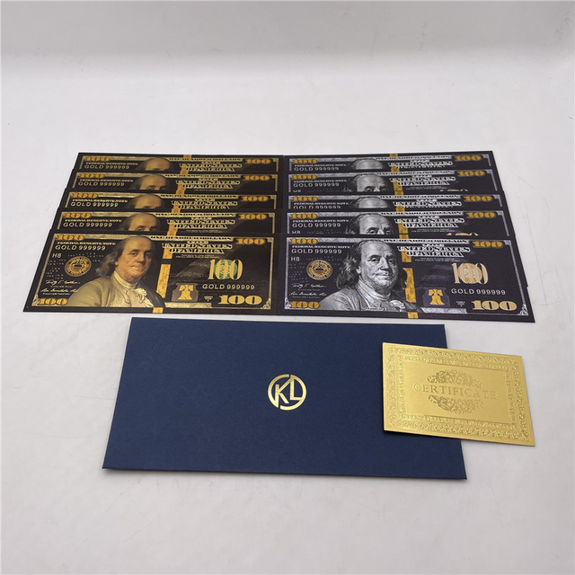 Złote banknoty 24k pozłacane, 10 sztuk/partia, 500 dolarów amerykańskich, plastikowe banknoty, fałszywy prezent, certyfikat i koperta - Wianko - 2