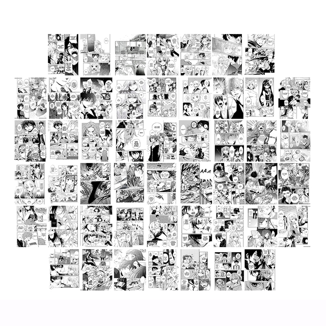 Naklejki ścienne Anime Manga - zestaw 50 sztuk paneli estetycznych do dekoracji sypialni, czarno-białe obrazy kolażowe - Wianko - 2