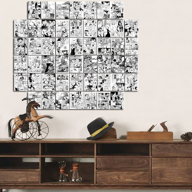 Naklejki ścienne Anime Manga - zestaw 50 sztuk paneli estetycznych do dekoracji sypialni, czarno-białe obrazy kolażowe - Wianko - 8
