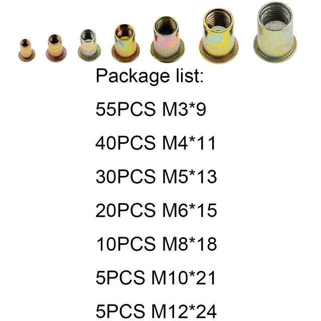 Zestaw 165 sztuk nakrętek nitowanych ocynkowanych stalowych M3-M12 - Wianko - 1