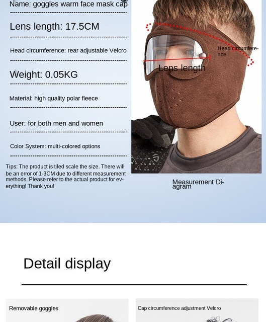 Zimowa maska przeciwkurzowa z polarowym wewnętrzem i goglami HD do jazdy na nartach, motocyklu lub rowerze dla mężczyzn i kobiet - Wianko - 2