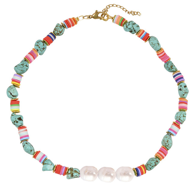 Naszyjnik z niebieskim kamieniem i koralikami - styl boho, panie, krótki, słodkowodne perły - Wianko - 1