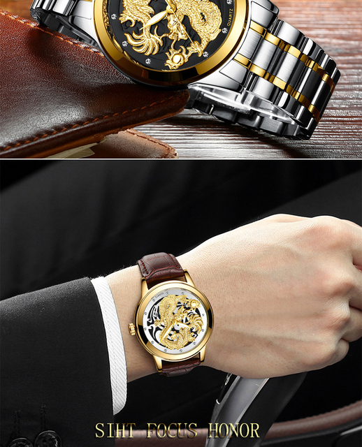 Zegarek kwarcowy męski FNGEEN Non Automatic stalowy złoty smok z datownikiem - Wianko - 18