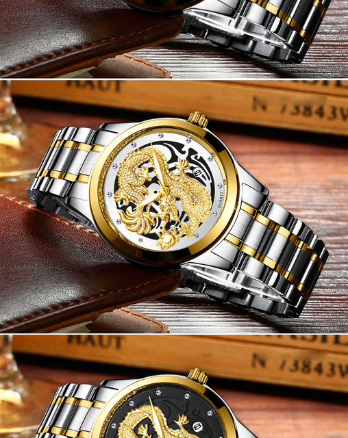Zegarek kwarcowy męski FNGEEN Non Automatic stalowy złoty smok z datownikiem - Wianko - 17