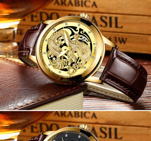 Zegarek kwarcowy męski FNGEEN Non Automatic stalowy złoty smok z datownikiem - Wianko - 19