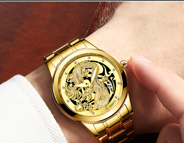 Zegarek kwarcowy męski FNGEEN Non Automatic stalowy złoty smok z datownikiem - Wianko - 7