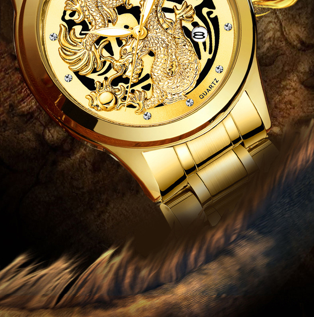 Zegarek kwarcowy męski FNGEEN Non Automatic stalowy złoty smok z datownikiem - Wianko - 4
