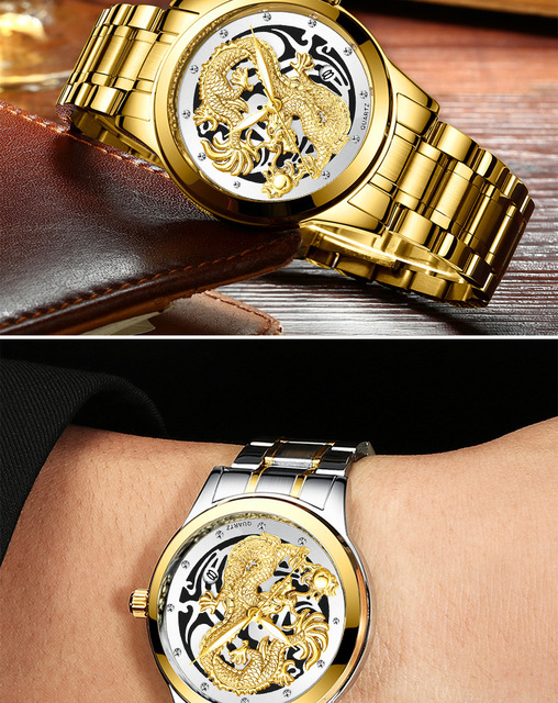 Zegarek kwarcowy męski FNGEEN Non Automatic stalowy złoty smok z datownikiem - Wianko - 15
