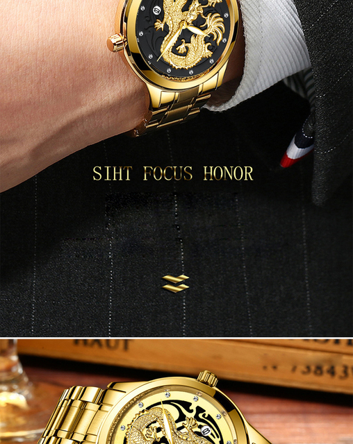Zegarek kwarcowy męski FNGEEN Non Automatic stalowy złoty smok z datownikiem - Wianko - 13