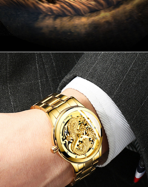 Zegarek kwarcowy męski FNGEEN Non Automatic stalowy złoty smok z datownikiem - Wianko - 6