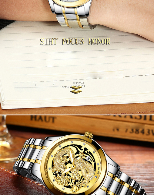 Zegarek kwarcowy męski FNGEEN Non Automatic stalowy złoty smok z datownikiem - Wianko - 16