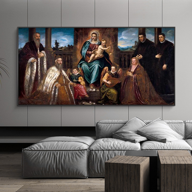 Obraz plakat Tintoretto Doge Alvise Mocenigo i rodzina przed madonną i dzieckiem - artystyczne graffiti, dekoracja wnętrz - Wianko - 5