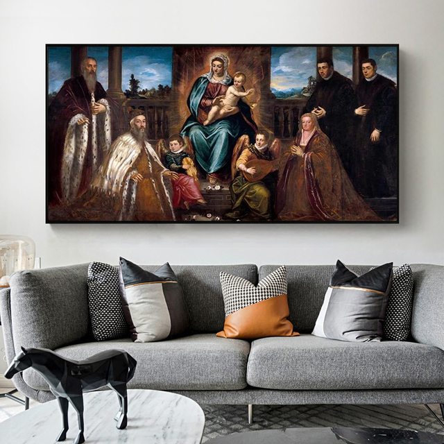 Obraz plakat Tintoretto Doge Alvise Mocenigo i rodzina przed madonną i dzieckiem - artystyczne graffiti, dekoracja wnętrz - Wianko - 3
