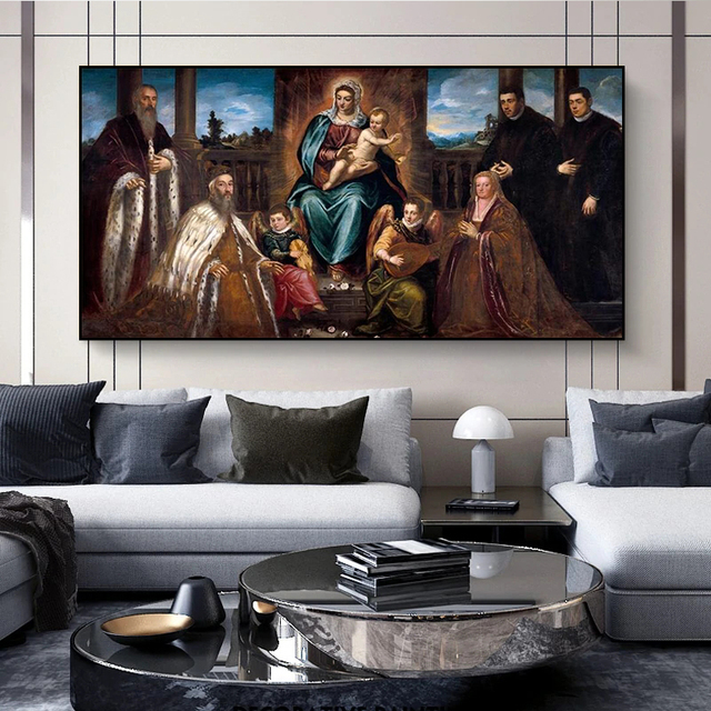 Obraz plakat Tintoretto Doge Alvise Mocenigo i rodzina przed madonną i dzieckiem - artystyczne graffiti, dekoracja wnętrz - Wianko - 4