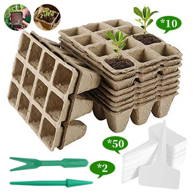 10 sztuk biodegradowalnych doniczek torfowych 10-Grid Seed Starter 24x8.5x5cm + 2 sztuki sadzonek Dibbers + 50 sztuk etykiet roślinnych do ogrodu - Wianko - 2