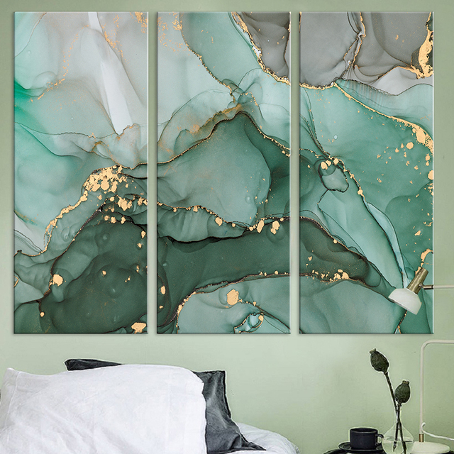 Obrazy na płótnie - Skandynawski Zielony Złoty Marmur - Abstrakcyjne Dekoracje Ścienne do Sypialni - Wianko - 7