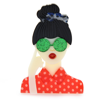 Akrylowa broszka dziewczyna w okularach Wuli & Baby, projektantka 2021, biżuteria moda na imprezę - Wianko - 2
