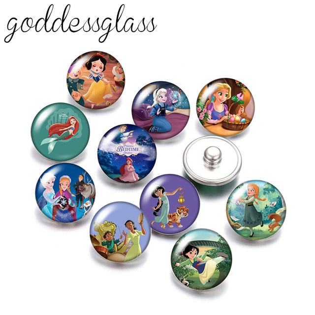 Zapinki do bransoletek - Zestaw 10 szklanych okrągłych zdjęć Disney Księżniczki: Śnieżka, Sofia, Elsa, Jaśmin - 18mm przyciskowe zapinki - Wianko - 1