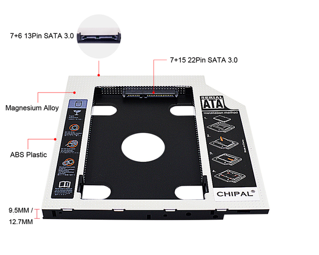 Aluminiowa obudowa adaptera DVD 2.5 SSD HDD Caddy na laptopa 12.7mm SATA 3.0 Optibay - Wianko - 2