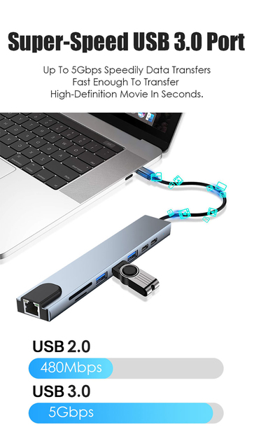 Koncentrator laptopa 8w1 Ethernet HDMI SD PD USB-C Hub - dla komputerów Mac Lenovo Dell Asus - Wianko - 4