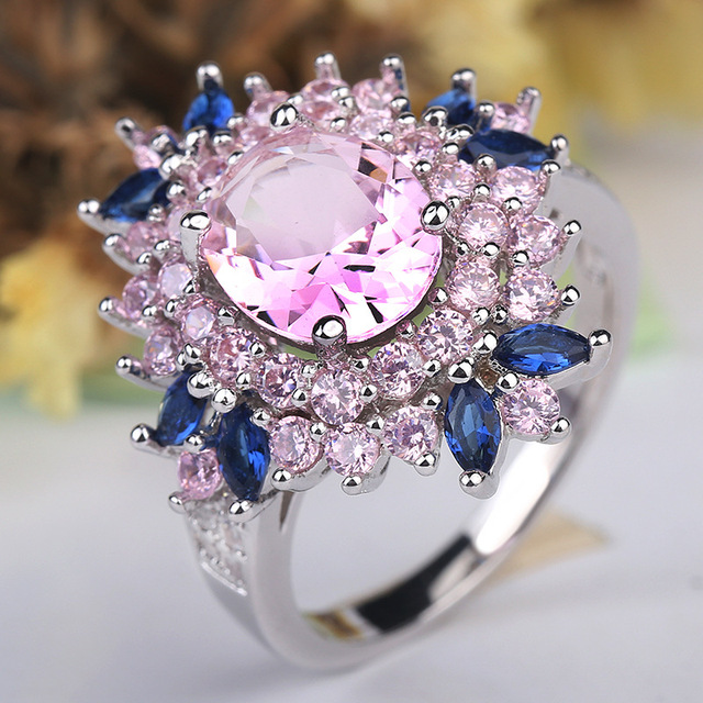 Luksusowy pierścionek damski z niebieskim/jasnoróżowym kwiatem 2021 Trend AAA z błyszczącymi cyrkoniami - prezent zaręczynowy - Wianko - 5