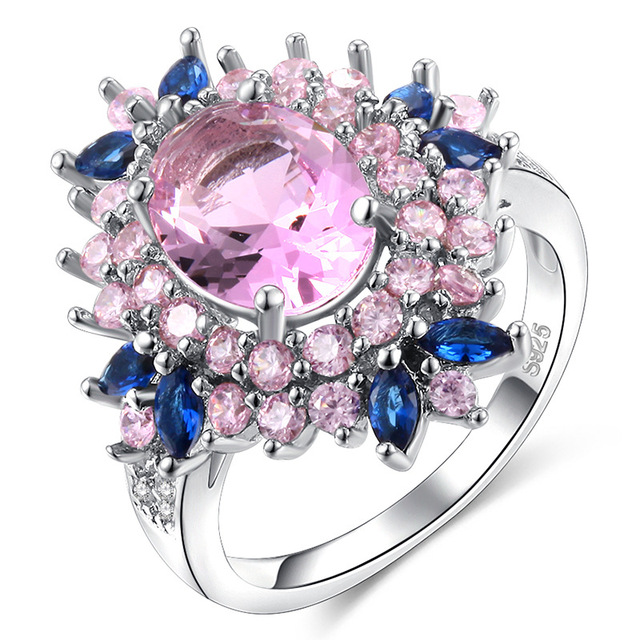 Luksusowy pierścionek damski z niebieskim/jasnoróżowym kwiatem 2021 Trend AAA z błyszczącymi cyrkoniami - prezent zaręczynowy - Wianko - 3