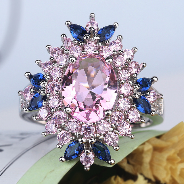 Luksusowy pierścionek damski z niebieskim/jasnoróżowym kwiatem 2021 Trend AAA z błyszczącymi cyrkoniami - prezent zaręczynowy - Wianko - 4