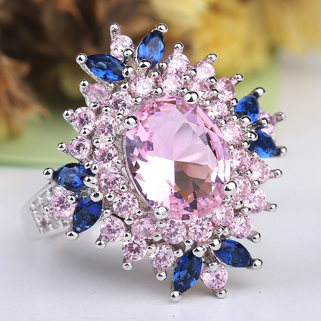 Luksusowy pierścionek damski z niebieskim/jasnoróżowym kwiatem 2021 Trend AAA z błyszczącymi cyrkoniami - prezent zaręczynowy - Wianko - 6