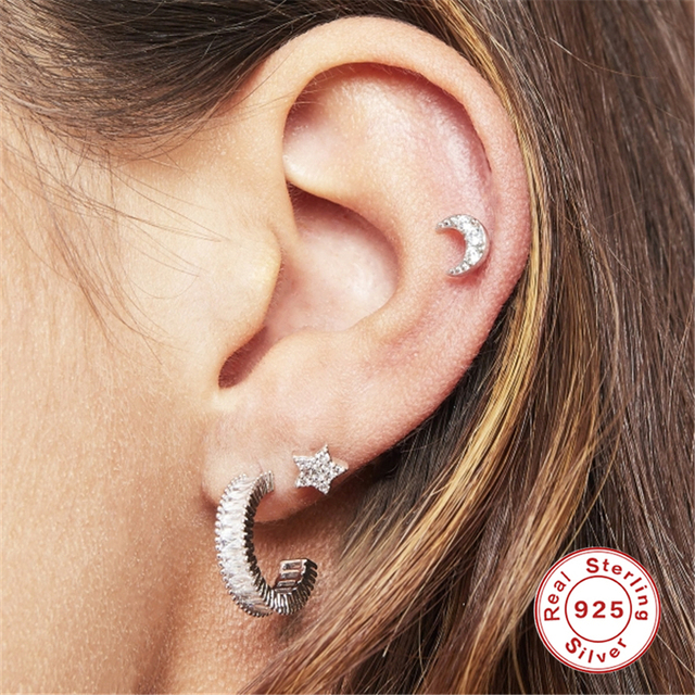 925 Sterling Silver kolczyki gwiazda księżyc stadniny kolczyki chrząstka Helix Piercing kolczyki, minimalistyczne, 2 sztuki - Wianko - 4