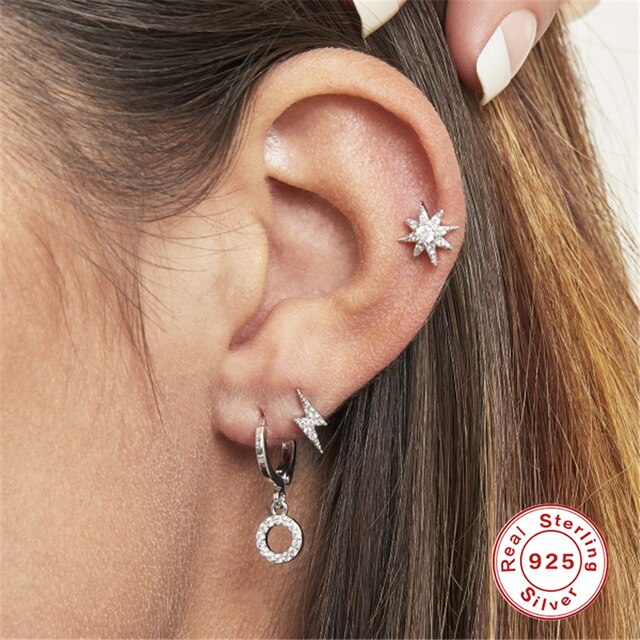 925 Sterling Silver kolczyki gwiazda księżyc stadniny kolczyki chrząstka Helix Piercing kolczyki, minimalistyczne, 2 sztuki - Wianko - 7