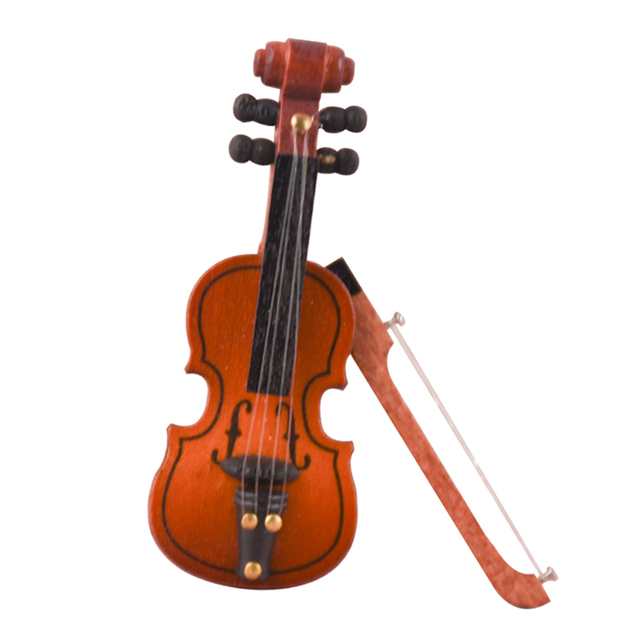 Dekoracyjne drewniane skrzypce dla lalek w skali 1:12 z kokardą - Wianko - 6