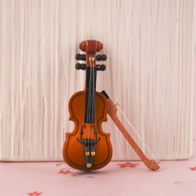 Dekoracyjne drewniane skrzypce dla lalek w skali 1:12 z kokardą - Wianko - 5