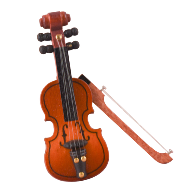 Dekoracyjne drewniane skrzypce dla lalek w skali 1:12 z kokardą - Wianko - 2